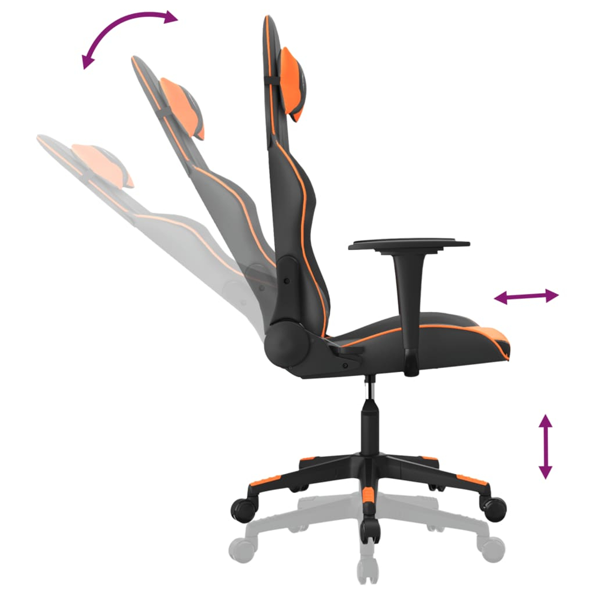 Schwarzer und oranger Gaming-Stuhl mit verstellbarer Rückenlehne und Sitzhöhe.
