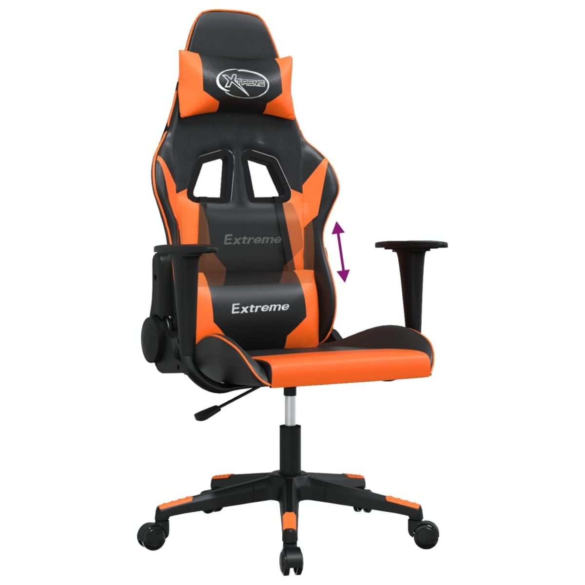 Ein orange-schwarzer Gaming-Stuhl mit verstellbaren Armlehnen und Rädern.