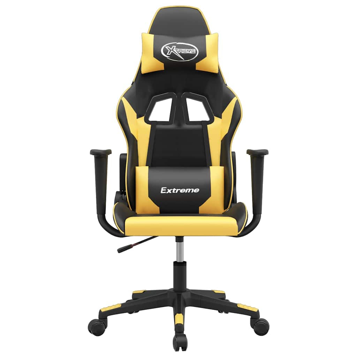 Ein schwarzer und gelber Gaming-Stuhl mit Rollen, Kopfstütze und Lendenkissen.