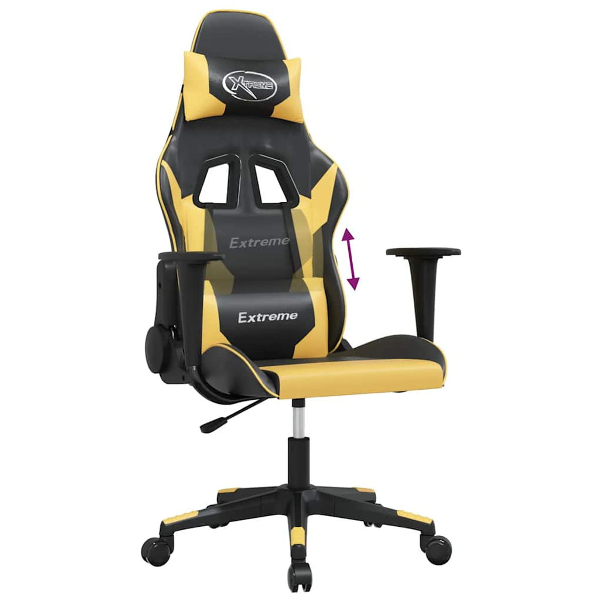 Ein schwarzer und gelber Gaming-Stuhl mit verstellbarer Höhe und Armlehnen.