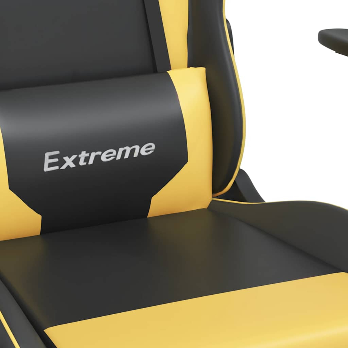 Schwarzer und gelber Gaming-Stuhl mit der Aufschrift „Extreme“ auf dem Kissen.