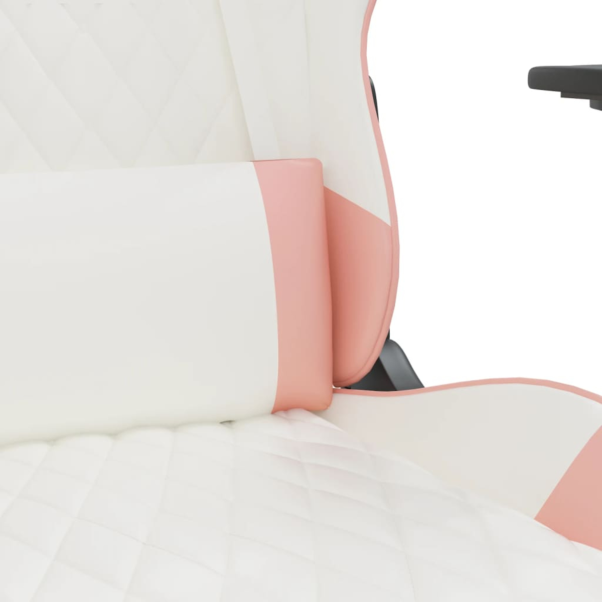 Ein weißer und rosa Gaming-Stuhl mit Polsterung und Rautenmuster.