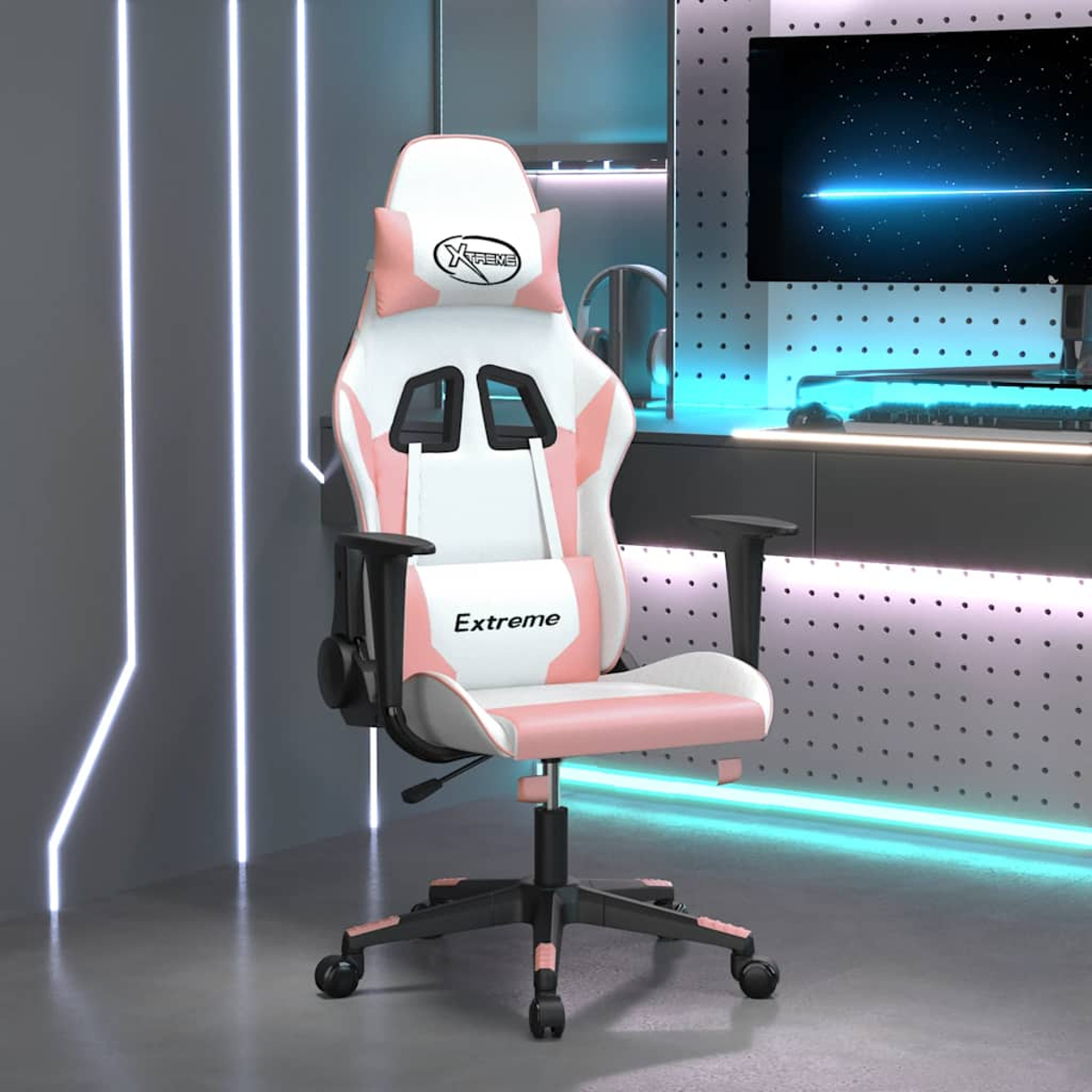 Ein weißer und pinker Gaming-Stuhl mit Kopfstütze und Lendenkissen steht im Raum.