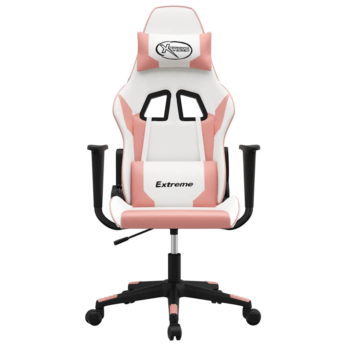 Ein weißer und pinker Gaming-Stuhl mit schwarzen Armlehnen und Rädern.