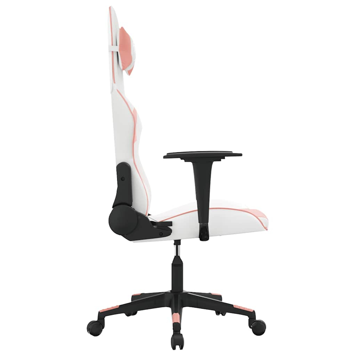 Ein weißer Gaming-Stuhl mit rosa Akzenten, von der Seite gesehen.