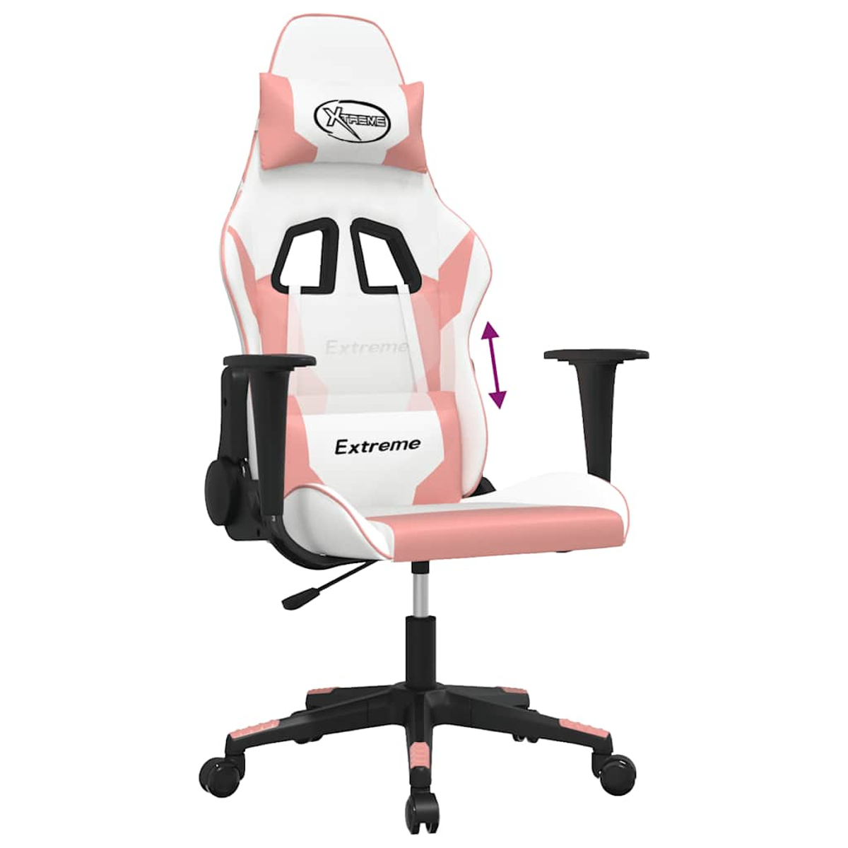 Ein weißer und pinker Gaming-Stuhl mit schwarzer Basis und Rädern.
