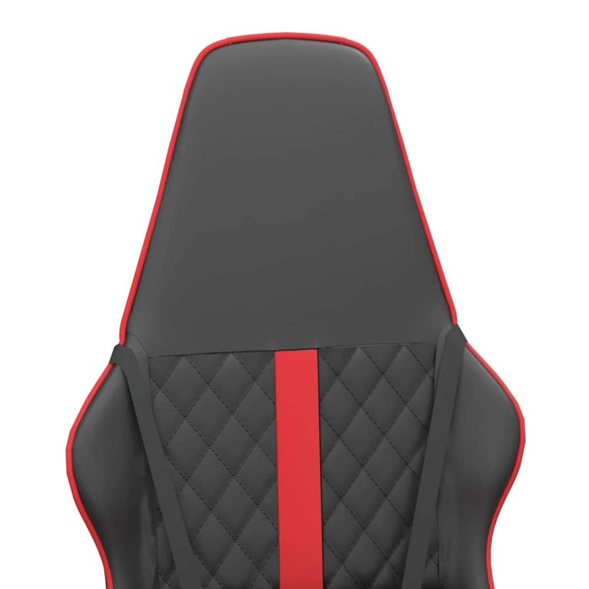 Rückseite eines schwarzen Gaming-Stuhls mit roten Akzenten und Rautensteppung.