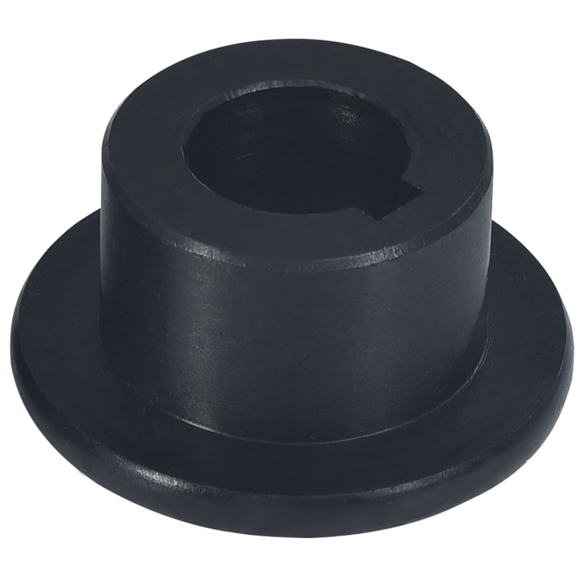 Componente cilindrico nero con flangia e fessura interna.