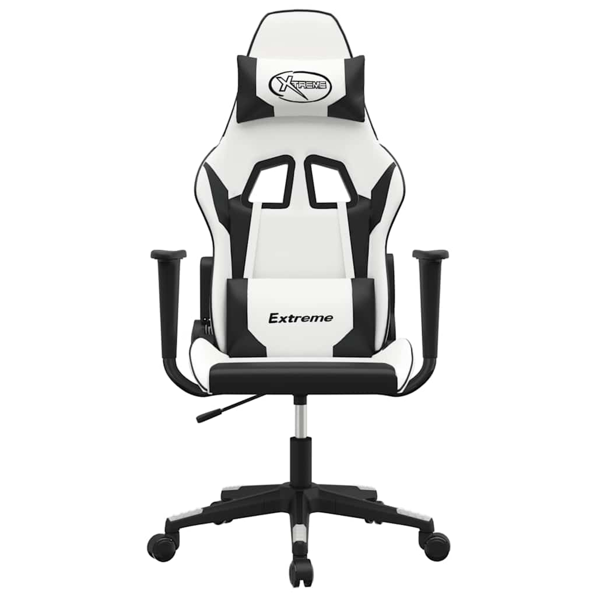 Ein weißer und schwarzer Gaming-Stuhl mit Kopfstütze und Lendenkissen.