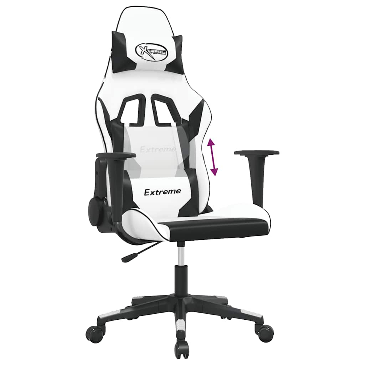 Ein weißer und schwarzer Gaming-Stuhl mit verstellbaren Armlehnen und Höhenverstellung.