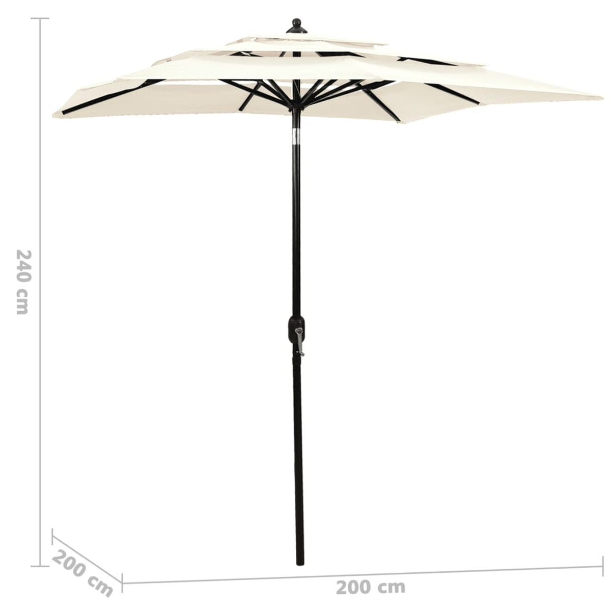 Beiger Sonnenschirm mit 3 Ebenen und schwarzem Gestell, 240 cm hoch.