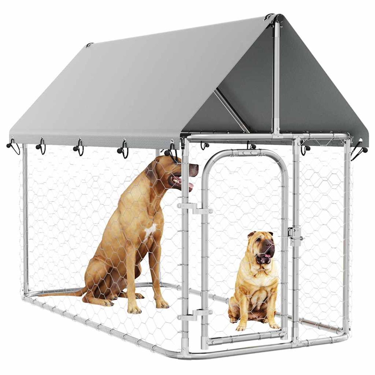 Ein großer brauner Hund und ein Shar-Pei sitzen in einem grauen Hundegehege mit einem grauen Baldachin.