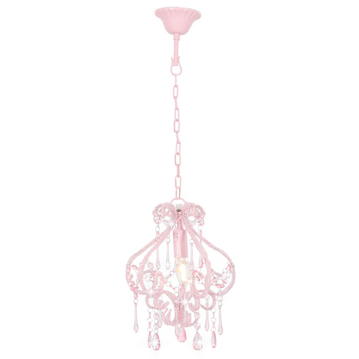 Ein kleiner rosa Kronleuchter mit Kristallbehang.
