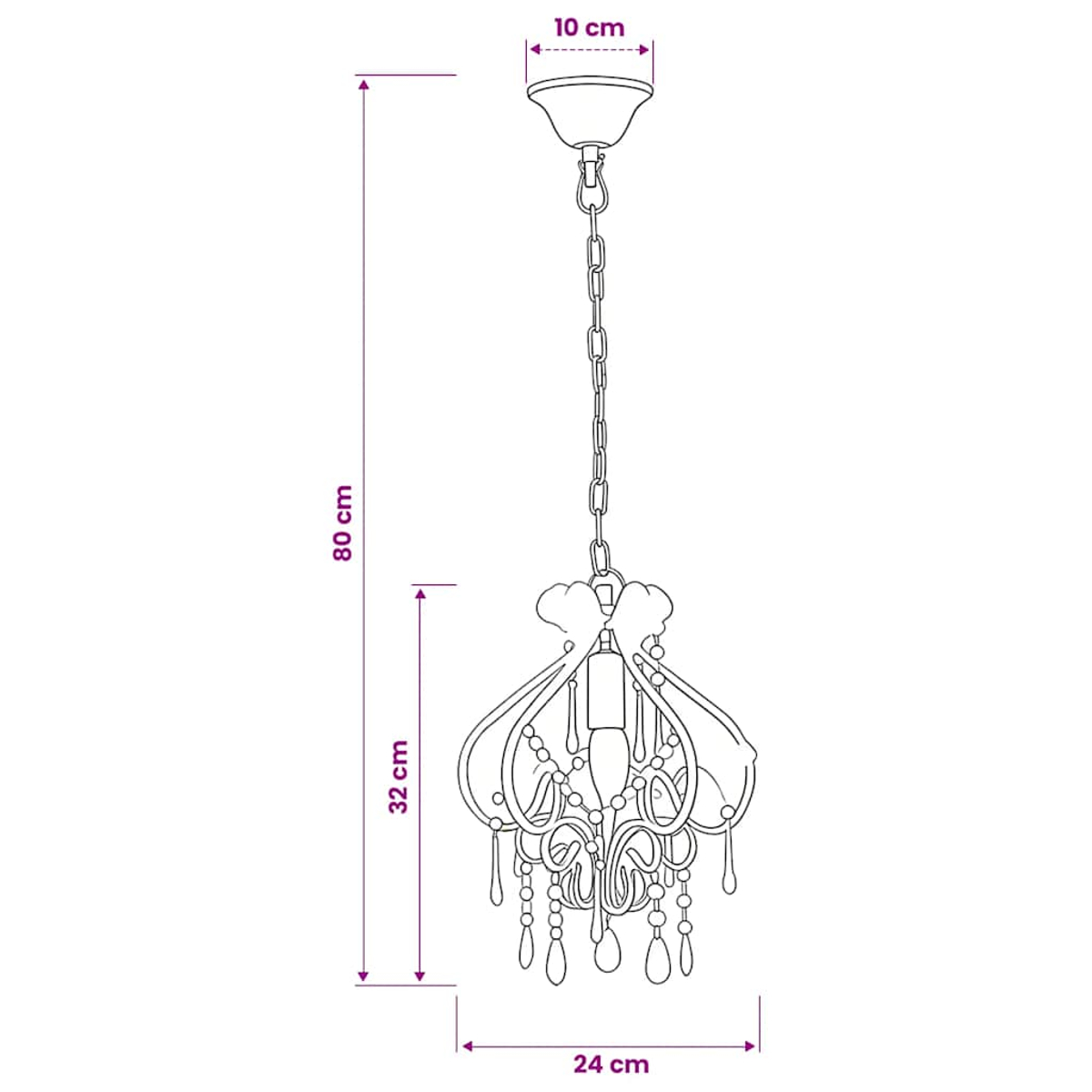 Kronleuchter-Diagramm mit Maßen: 80 cm hoch, 32 cm Korpus, 24 cm breit, 10 cm breit.