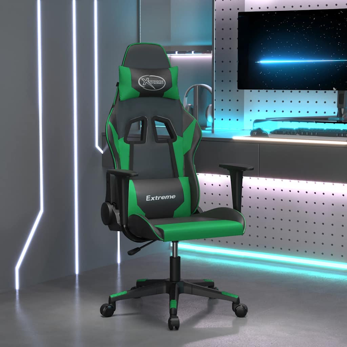 Ein grüner und schwarzer Gaming-Stuhl mit Kopfstütze steht im Vordergrund.