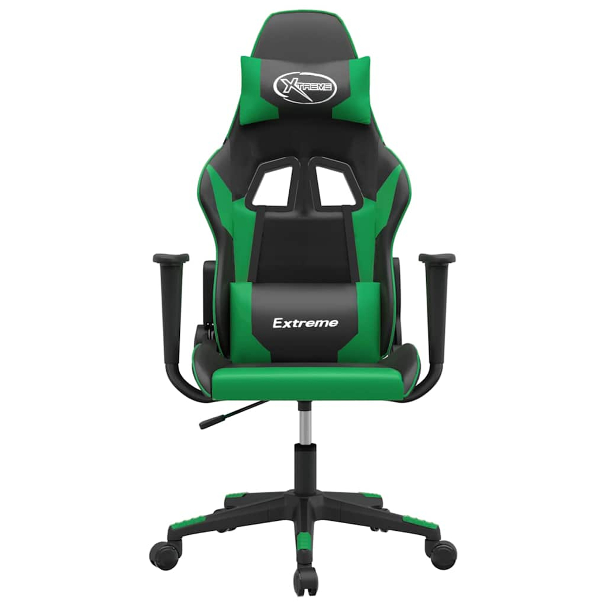 Ein schwarzer und grüner Gaming-Stuhl mit Kopf- und Lendenkissen.