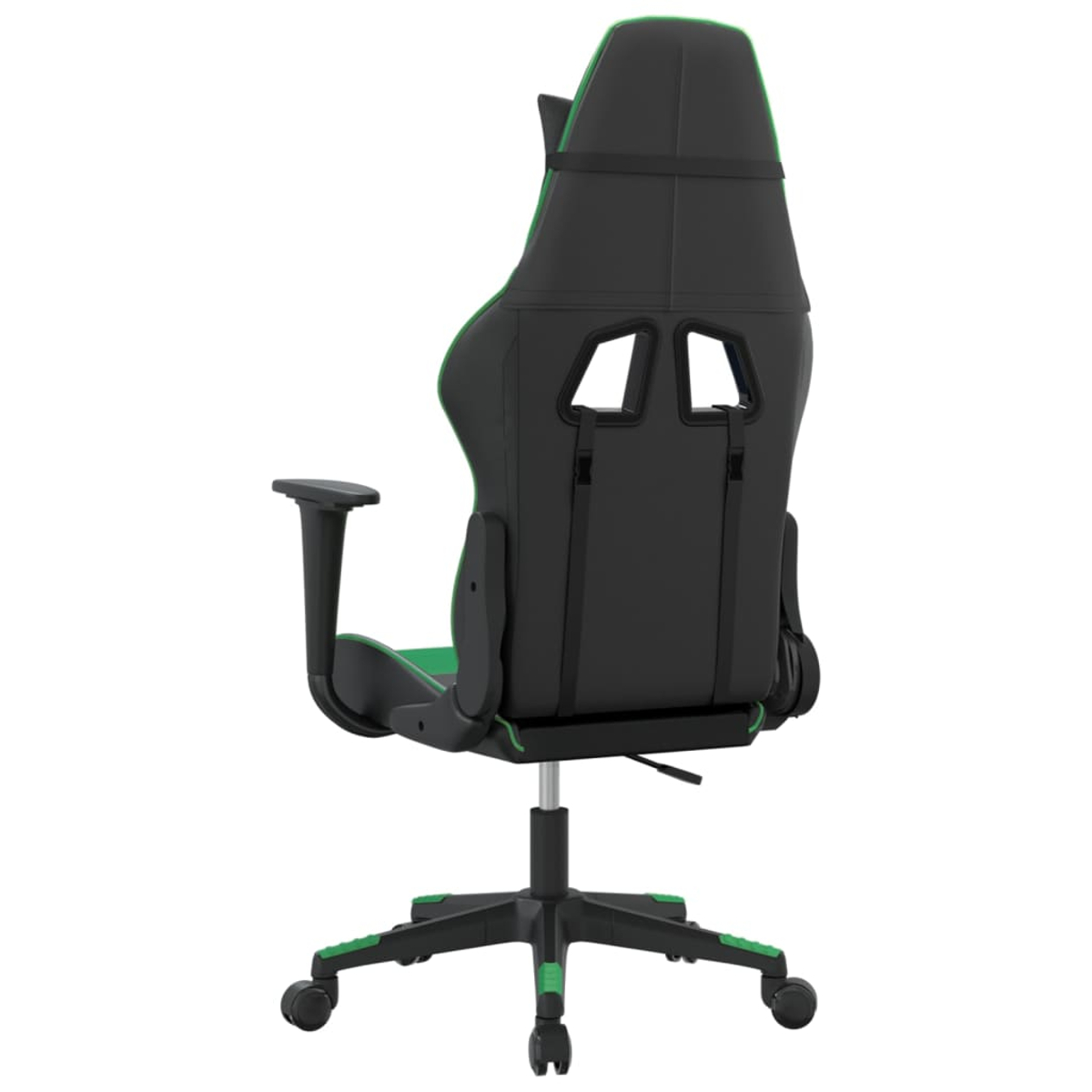 Schwarzer Gamingstuhl mit grünen Akzenten, von hinten gesehen.