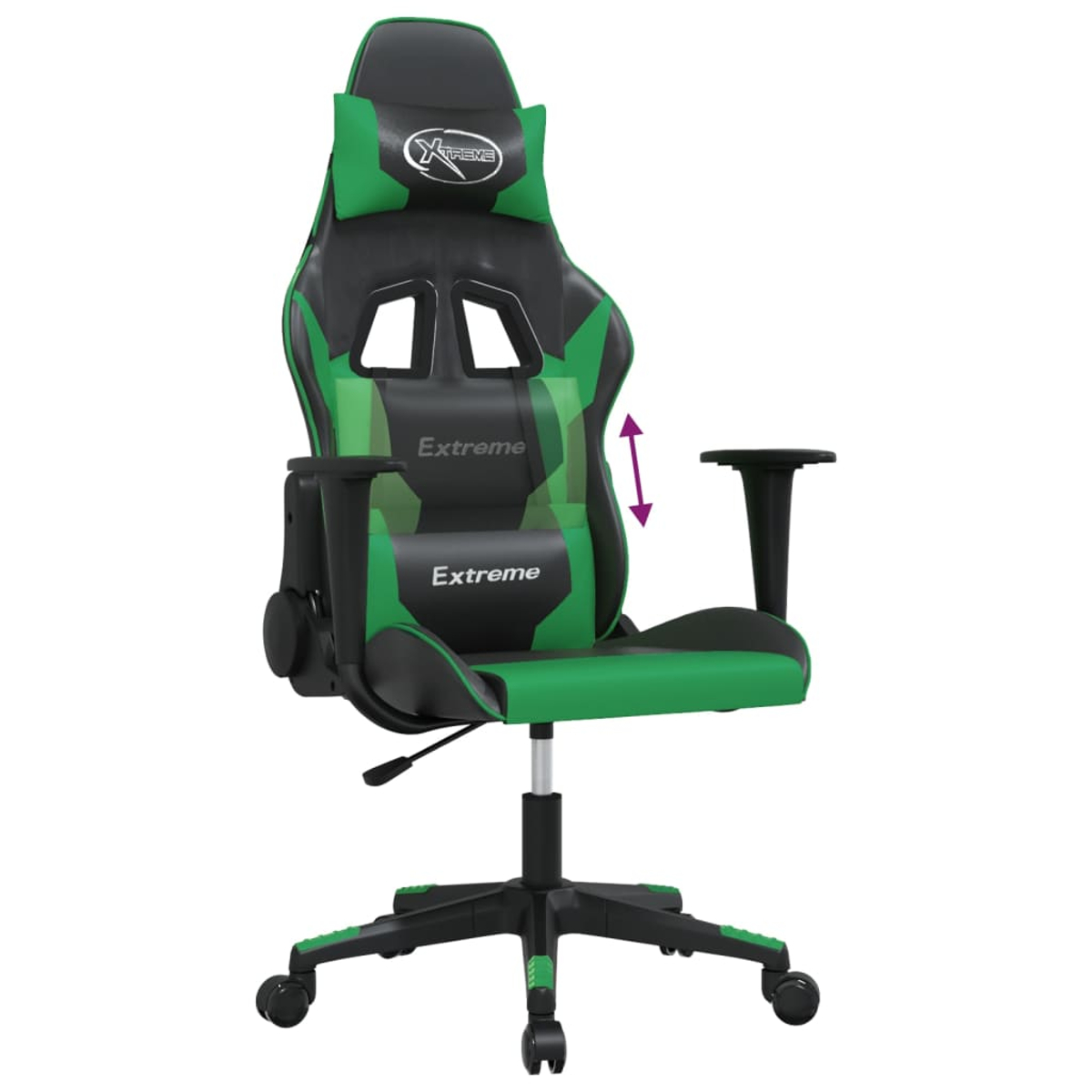 Ein schwarzer und grüner Gaming-Stuhl mit Kopfstütze und Lendenkissen.