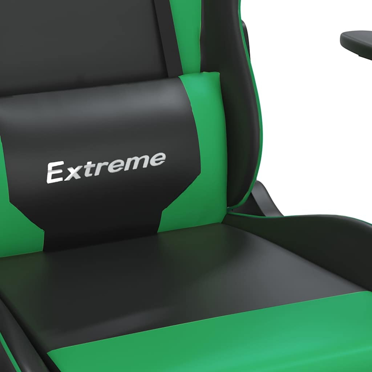 Schwarzer und grüner Gaming-Stuhl mit dem Wort „Extreme“ auf der Kopfstütze.
