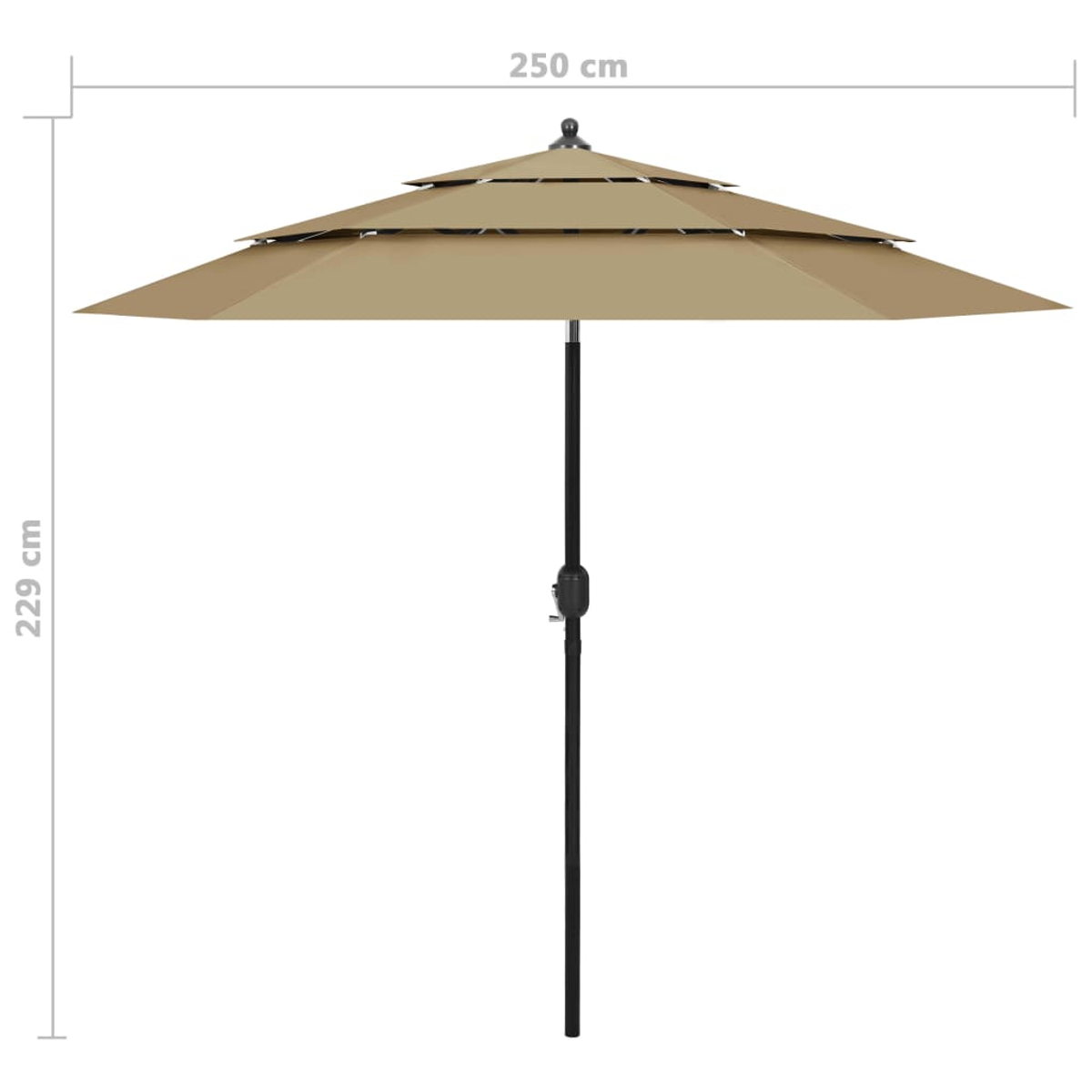 Ein beiger Sonnenschirm mit mehreren Ebenen und einem schwarzen Gestell. Maße: 250x229 cm.