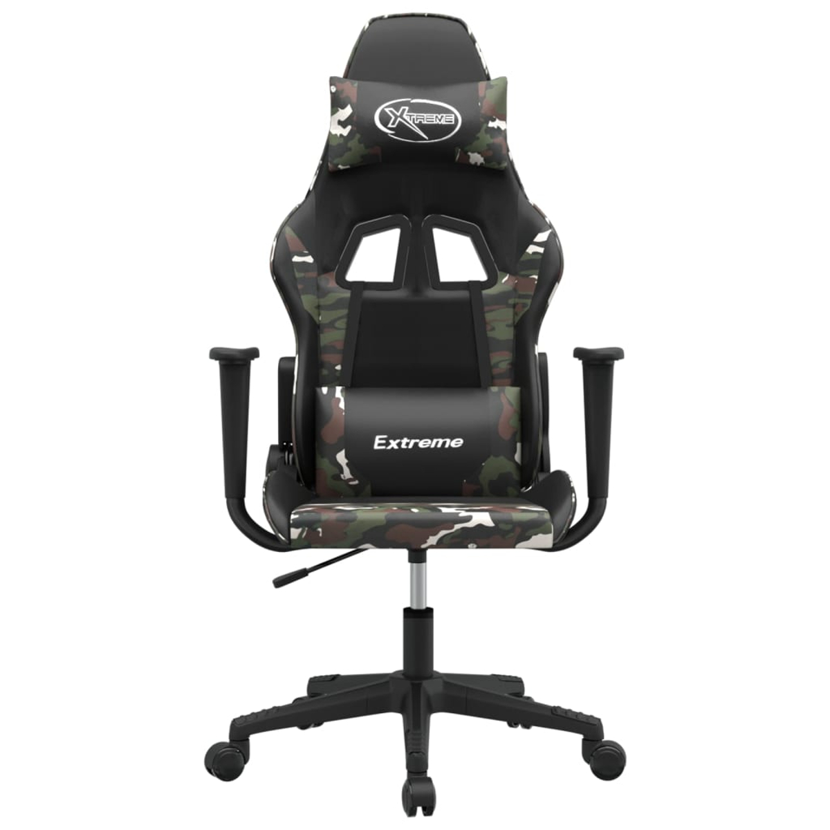 Ein schwarzer Gaming-Stuhl mit Tarnmuster, Kopfstütze und Lendenkissen.