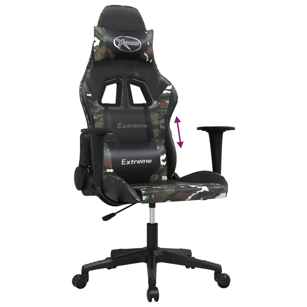 Schwarzer Gaming-Stuhl mit Camouflage-Muster und verstellbarer Höhe.