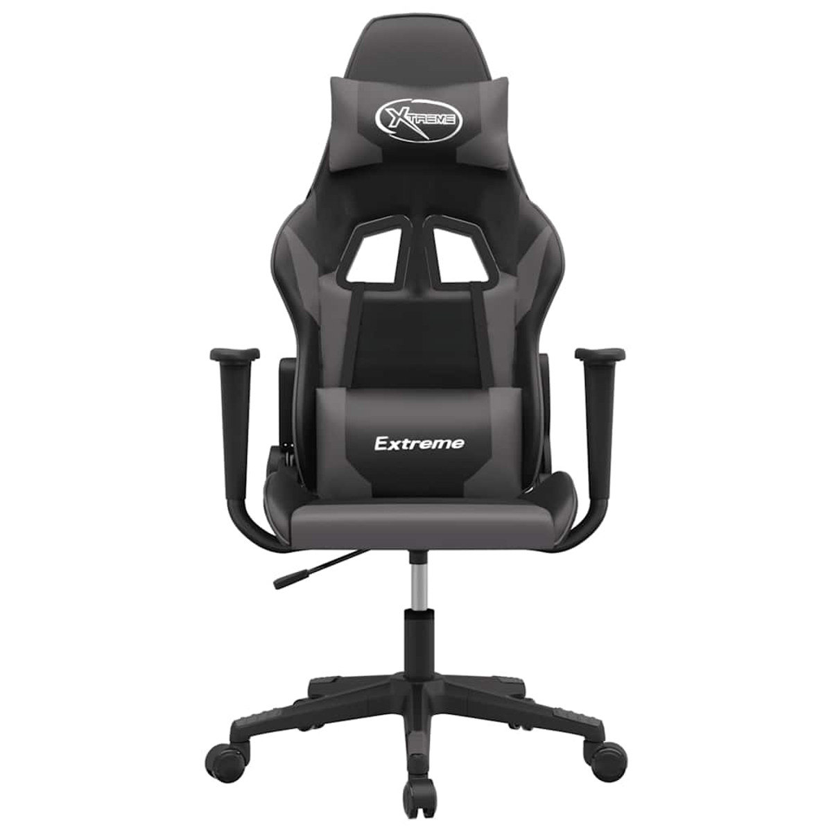 Ein schwarzer und grauer Gaming-Stuhl mit Kopf- und Lendenkissen.