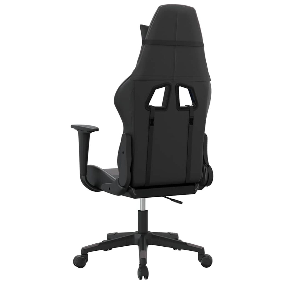 Schwarzer Gaming-Stuhl mit hoher Rückenlehne und Rädern, von hinten gesehen.