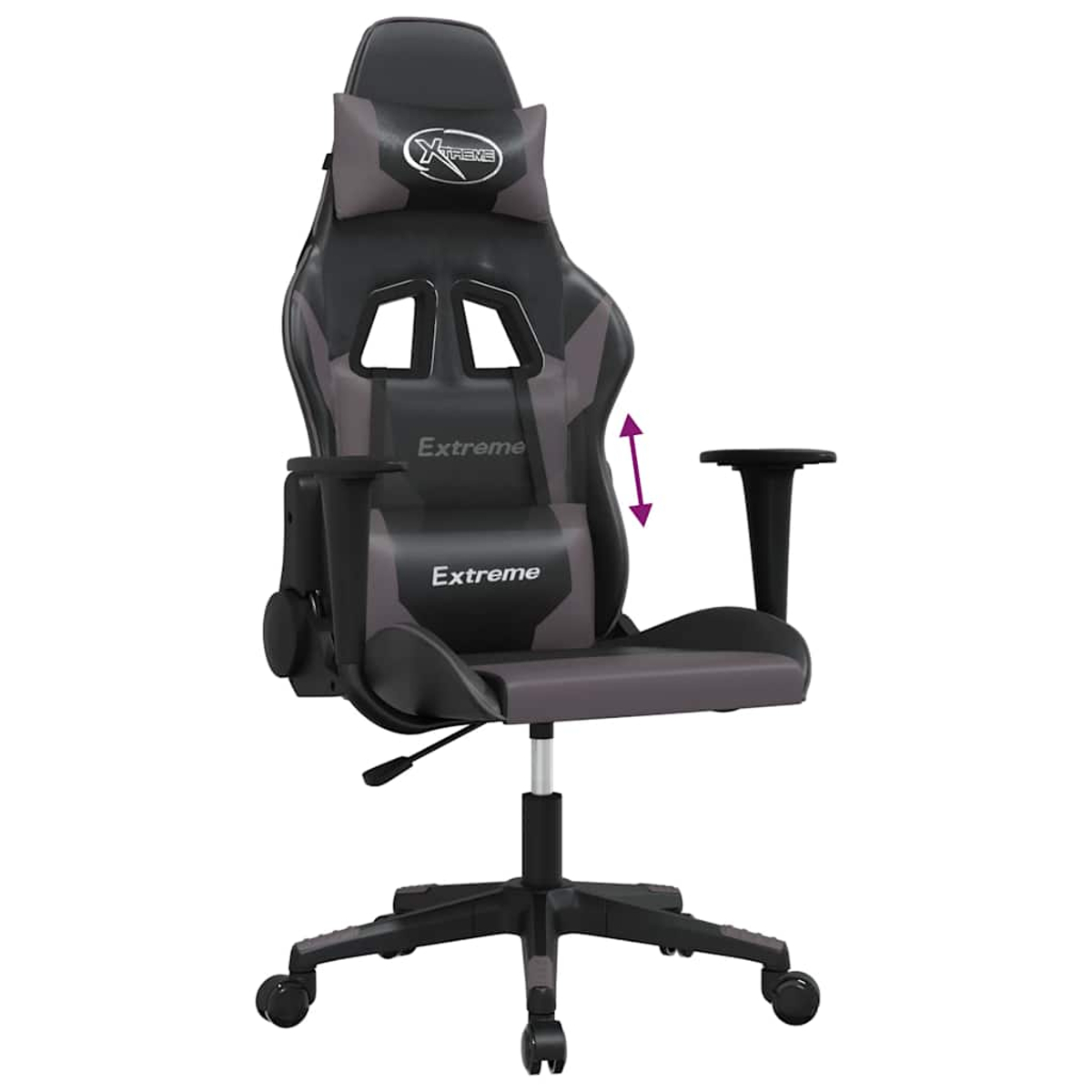 Schwarzer und grauer Gaming-Stuhl mit Lenden- und Kopfpolstern. Verstellbare Armlehnen und Höhe.