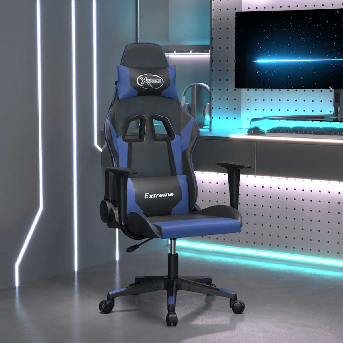Ein blauer und schwarzer Gaming-Stuhl mit Kopfstütze und Lendenkissen.