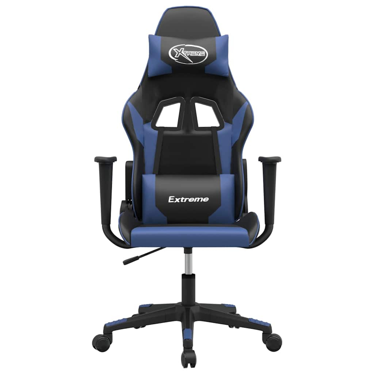 Ein blauer und schwarzer Gaming-Stuhl mit Kopfstütze und Lendenwirbelstütze, weißer Hintergrund.