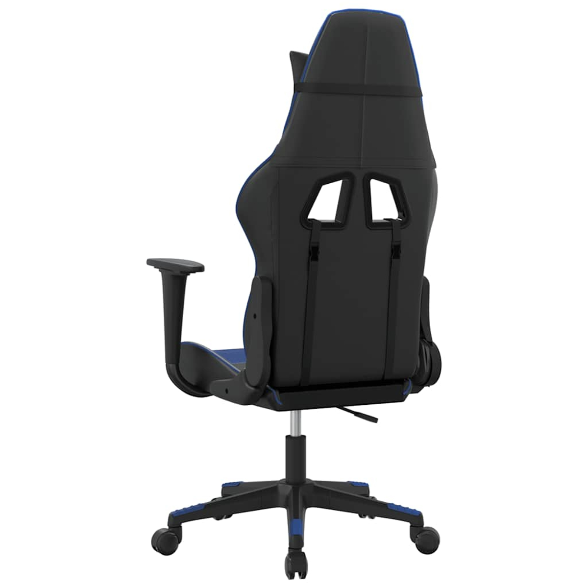 Schwarzer Gaming-Stuhl mit blauen Akzenten, Rückansicht. Mit Rädern.