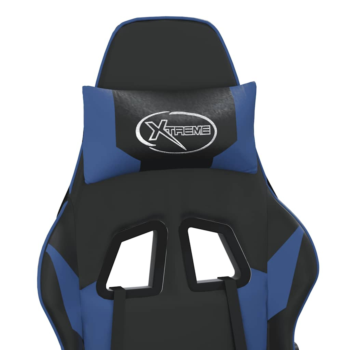 Ein schwarzer und blauer Gaming-Stuhl mit Xtreme-Logo auf dem Kopfkissen.