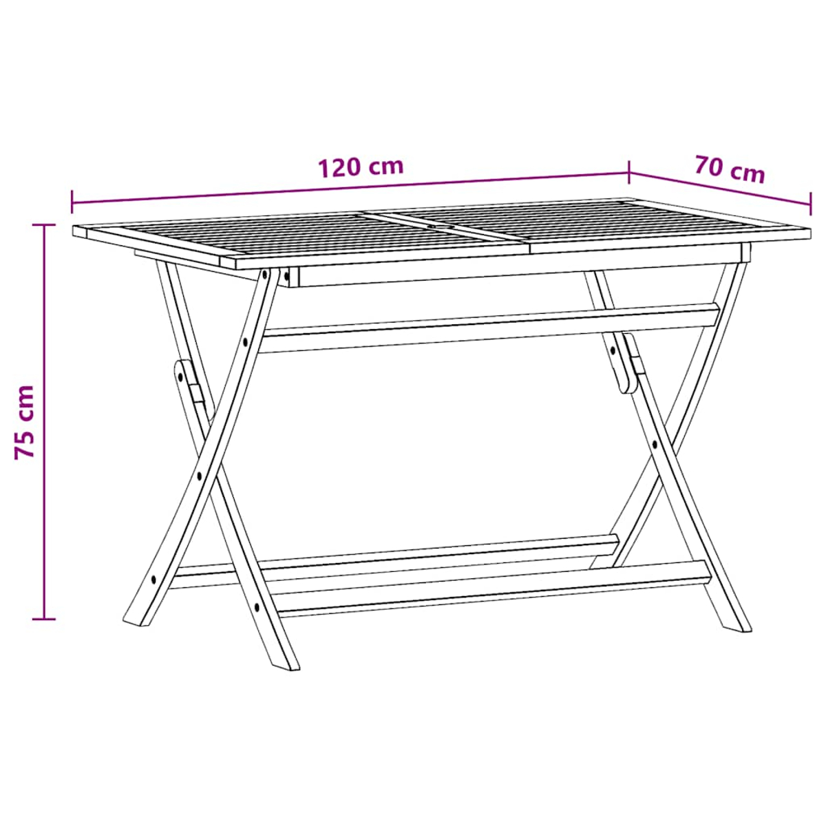 Un tavolo in legno da 120x70x75cm. Piano a doghe e gambe pieghevoli a X.