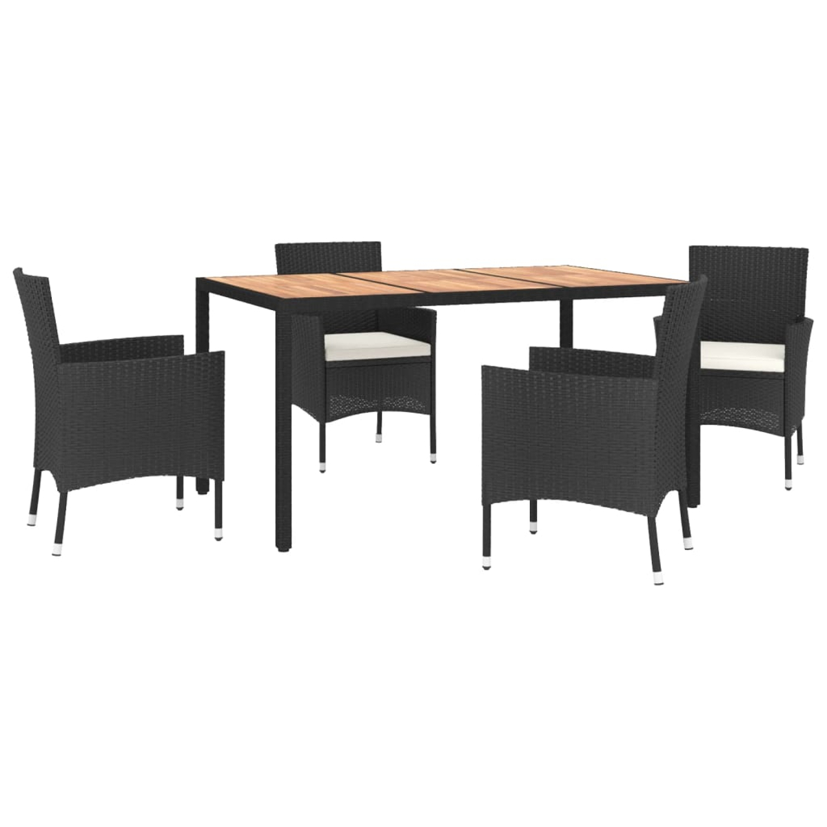 Ein rechteckiger Tisch aus Holz und Metall mit vier schwarzen Rattanstühlen.