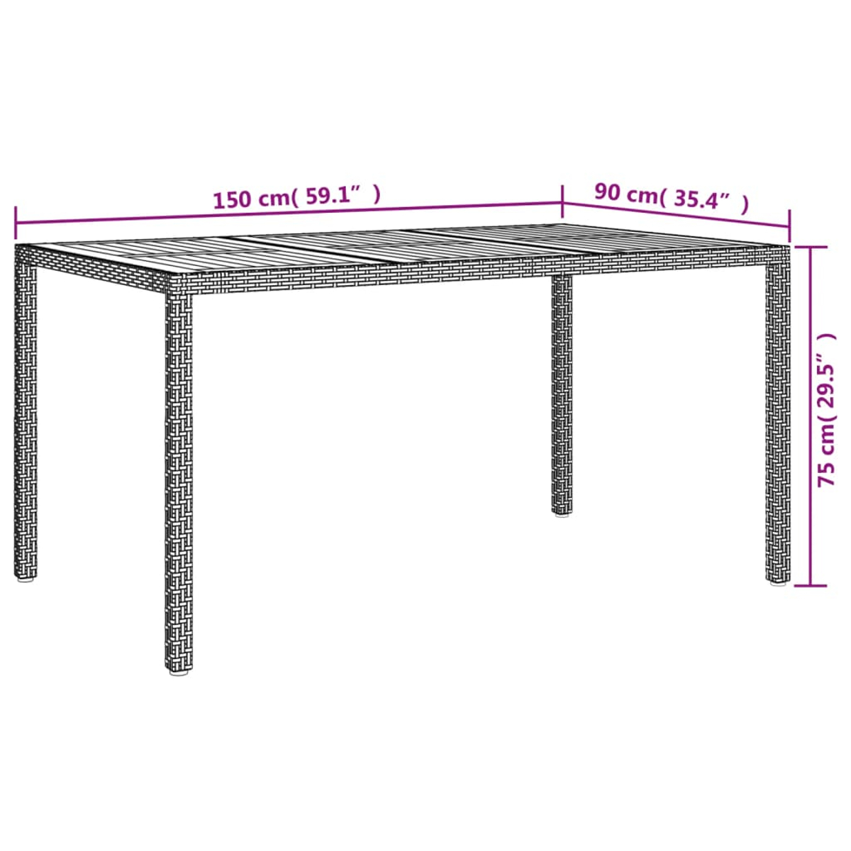 Ein rechteckiger Tisch mit Maßangaben: 150 cm lang, 90 cm breit, 75 cm hoch.