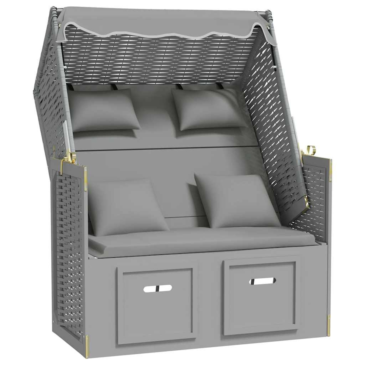 Grauer Strandkorb mit Sitzkissen, Rückenkissen und zwei Schubladen.