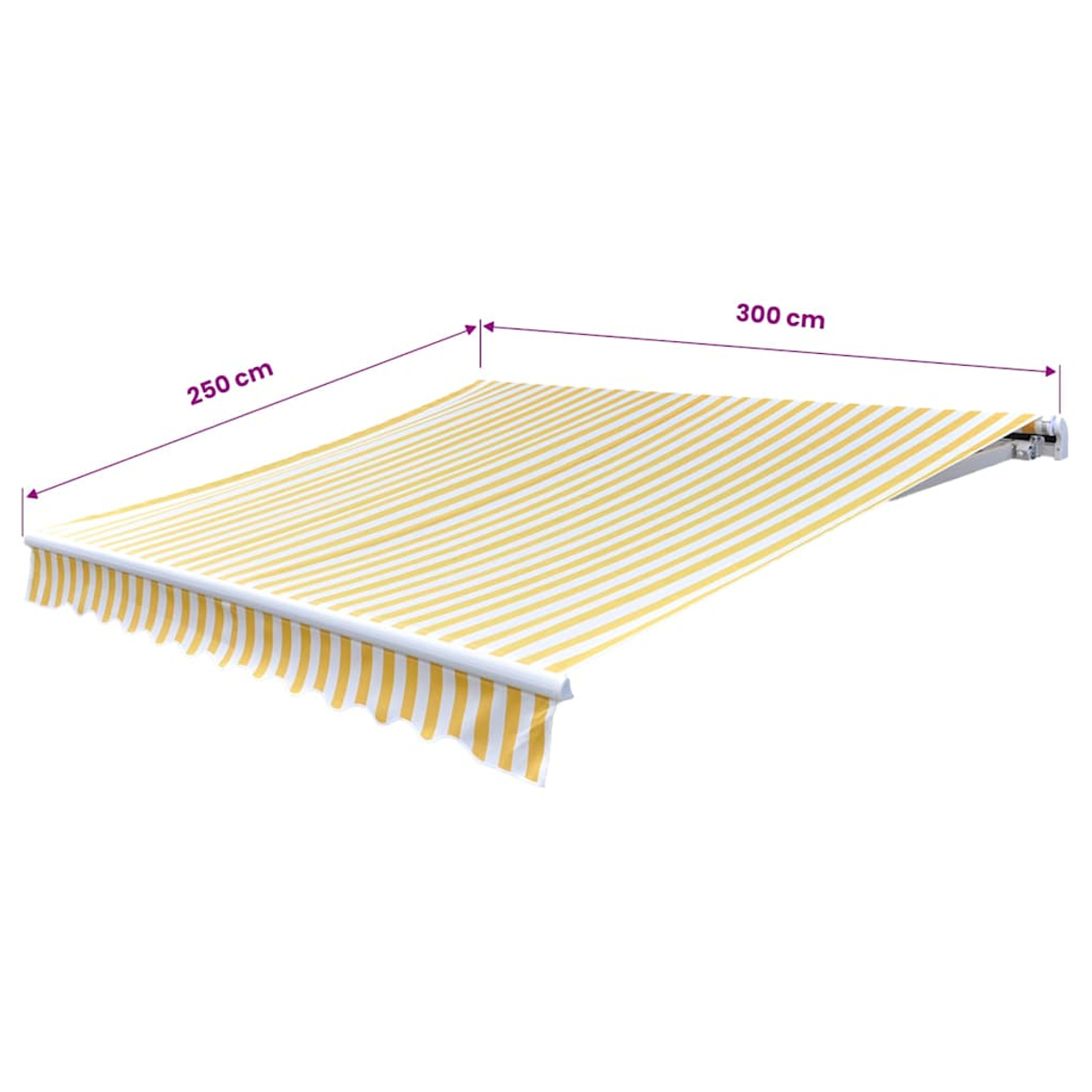 Ein gestreiftes Vordach, 250 cm tief und 300 cm breit.