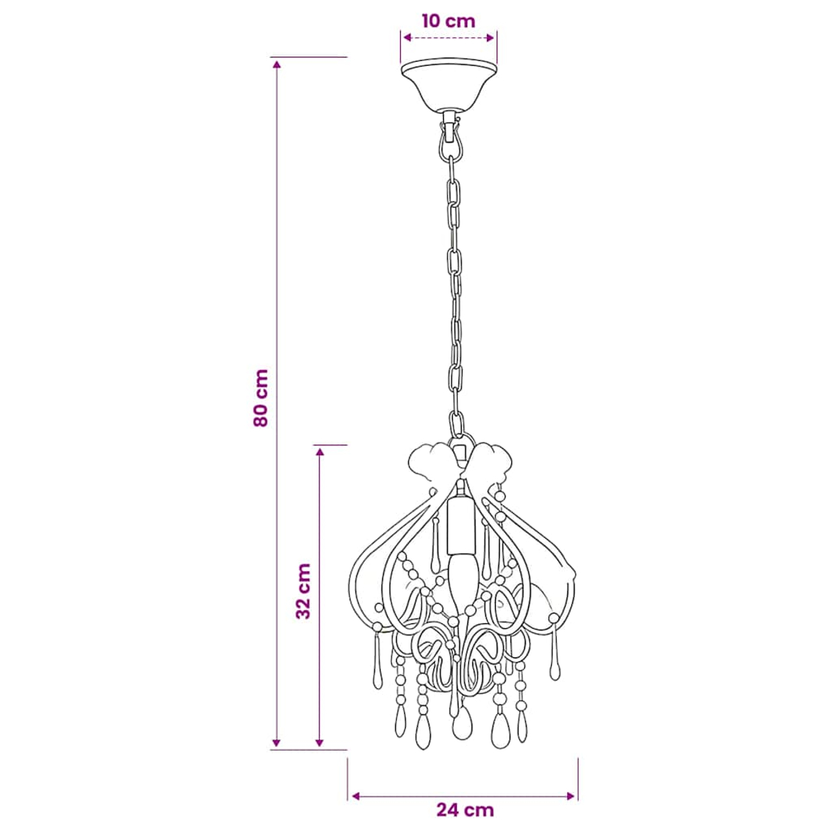 Eine detaillierte Skizze einer Hängeleuchte mit Maßen: 10cm, 80cm, 32cm, 24cm.
