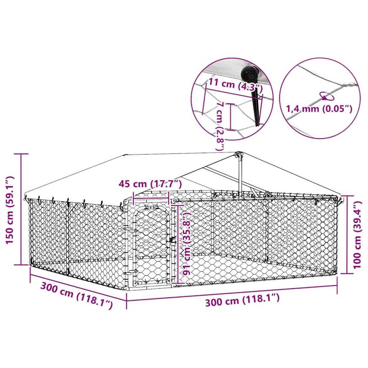 Ein Diagramm zeigt ein Drahtgittergehege mit Maßen für Höhe, Länge und Breite.