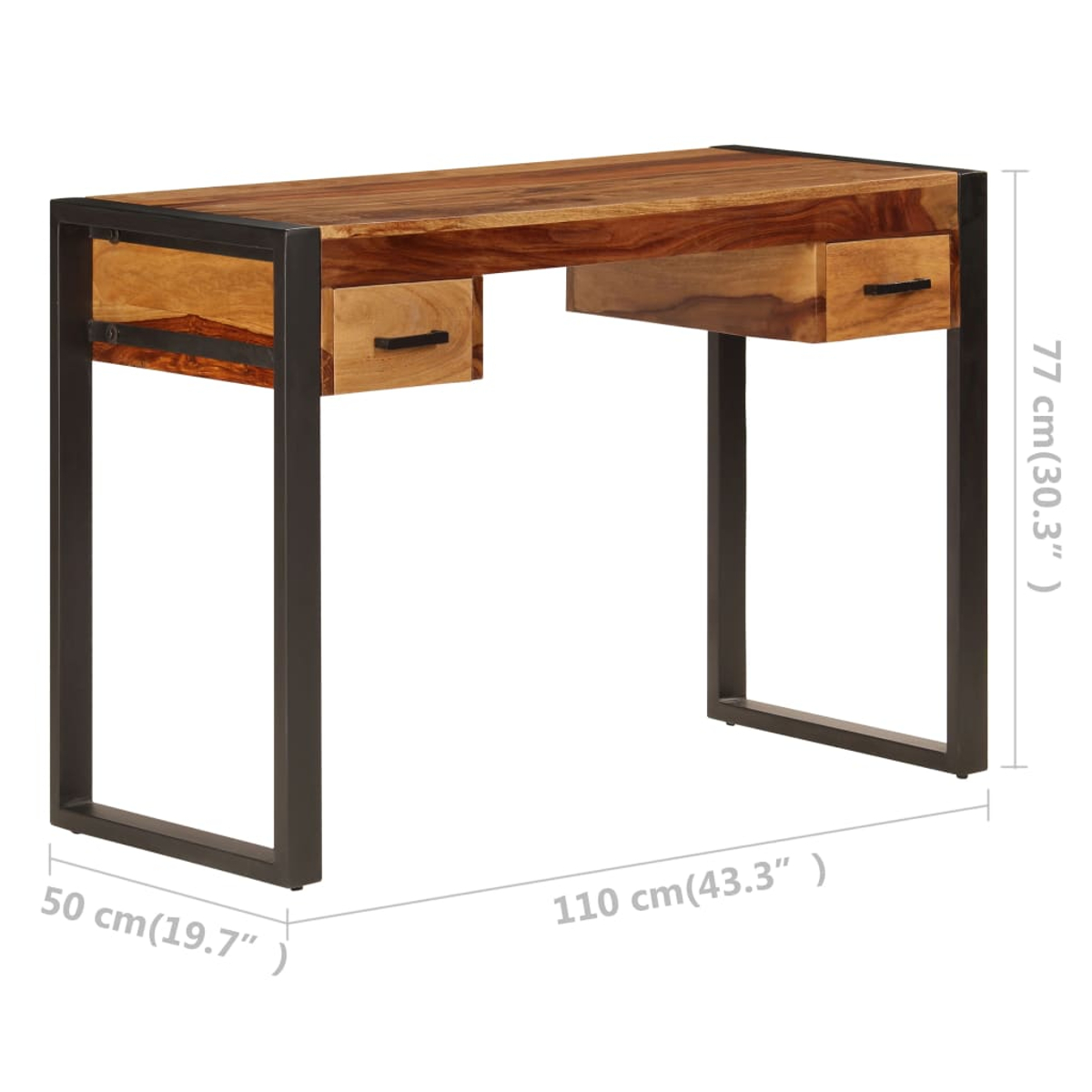 Ein Schreibtisch aus Holz mit Metallrahmen, zwei Schubladen und Maangaben.