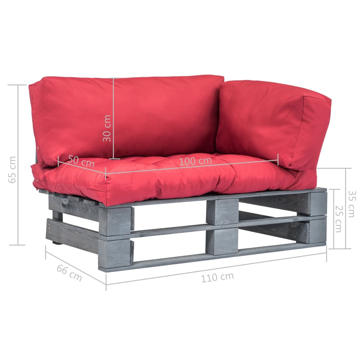 Graues Palettensofa mit roten Kissen, Maße sind angegeben.