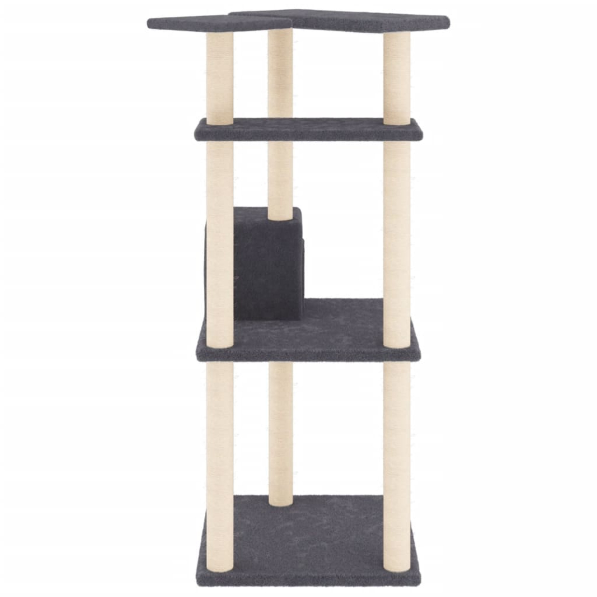 Ein dunkelgraues Kratzhaus für Katzen mit mehreren Ebenen und beige Säulen.