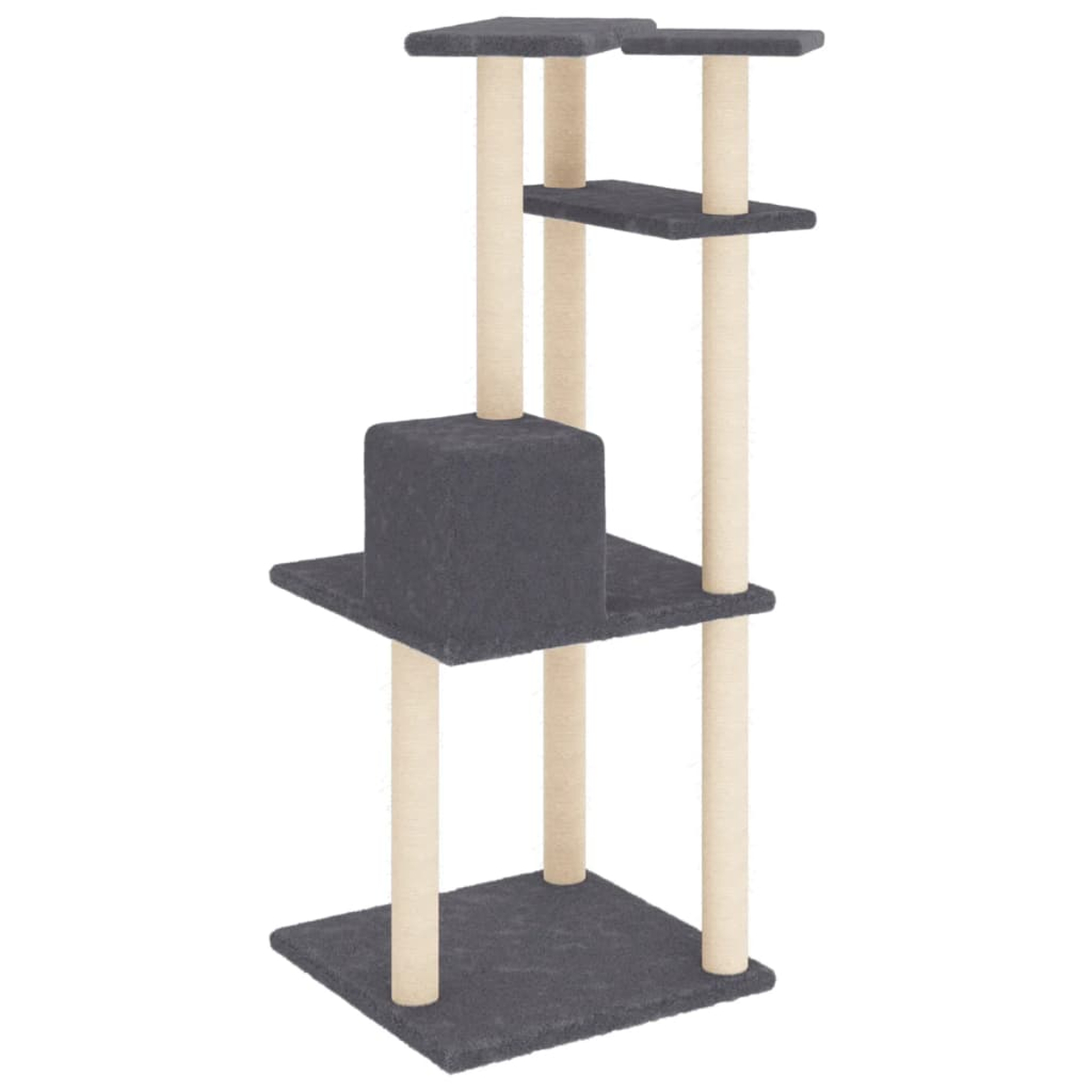 Ein dunkles Katzenbaumhaus mit mehreren Ebenen und Kratzbäumen.