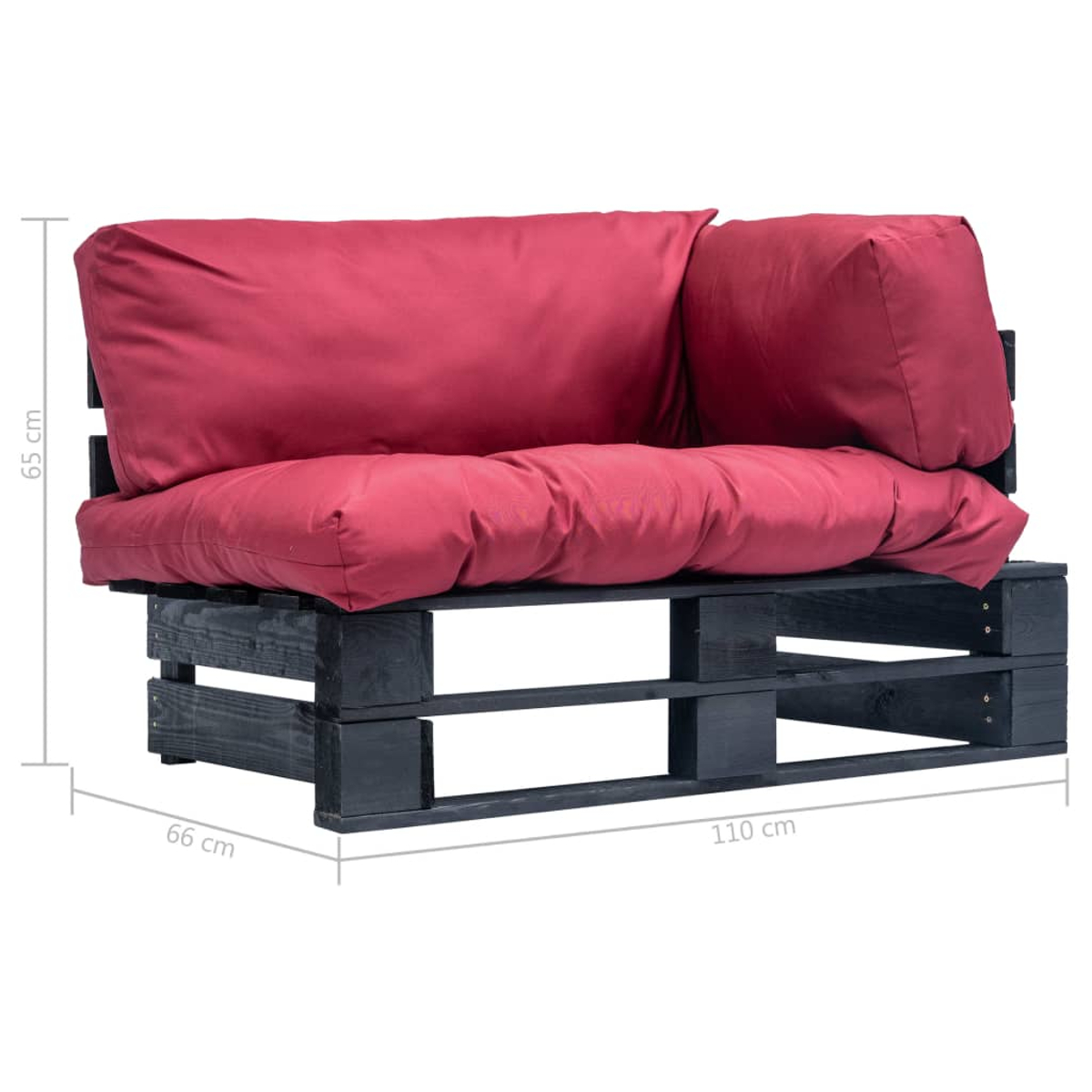 Ein dunkelgraues Palettensofa mit roten Kissen, 110x66x65 cm.