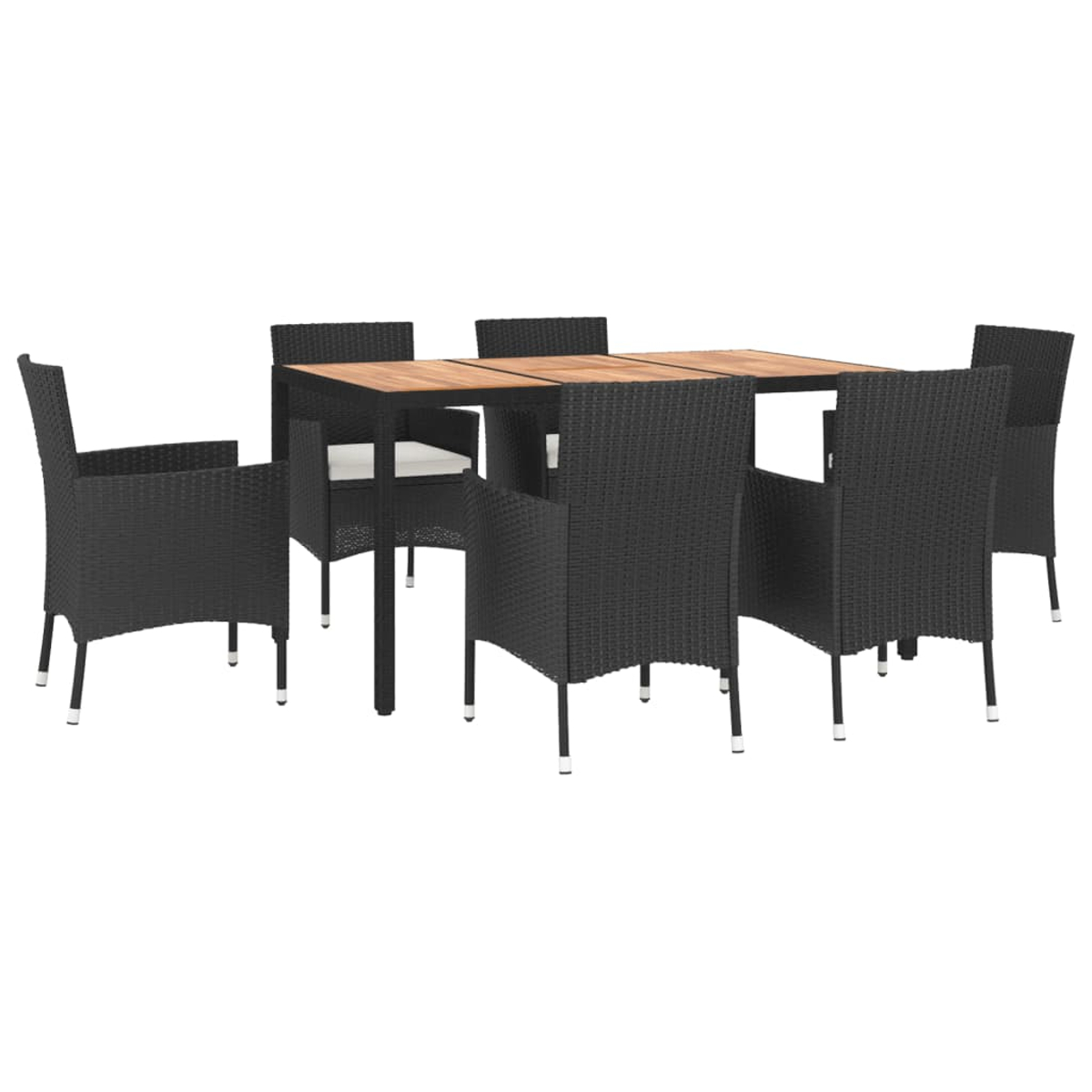 Ein rechteckiger Holztisch mit sechs schwarzen Rattanstühlen, drei auf jeder Seite.