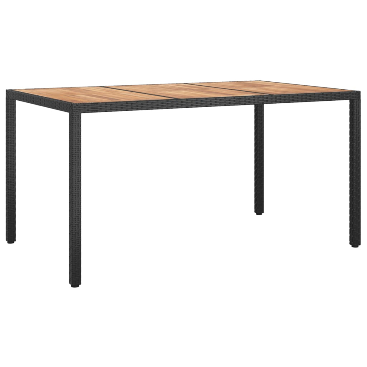 Ein rechteckiger Tisch mit Holzplatte und schwarzem Rattangeflecht-Rahmen.