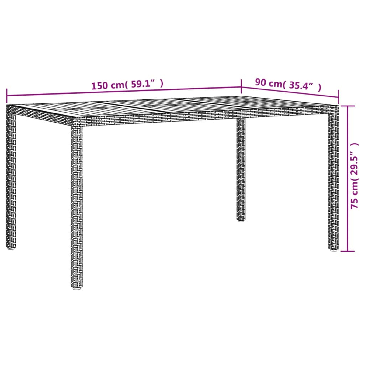 Ein rechteckiger Tisch mit Rattan-Optik, 150 cm lang, 90 cm breit und 75 cm hoch.