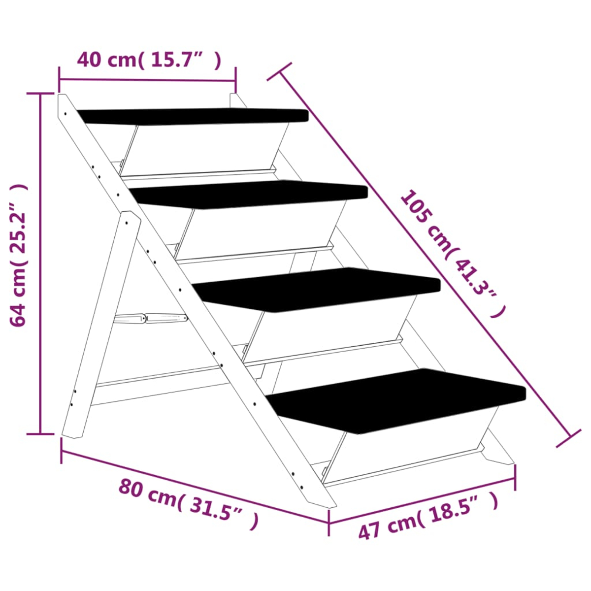 Eine weiße Holz-Tiertreppe mit vier schwarzen Stufen. Maße sind in cm und Zoll angegeben.