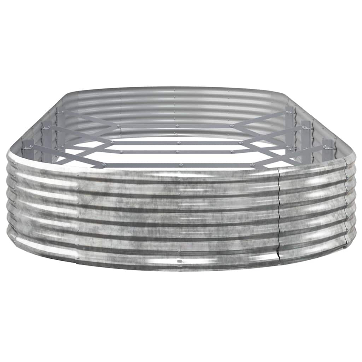 Ein achteckiger Hochbeet-Rahmen aus verzinktem Metall mit Verstrebungen.